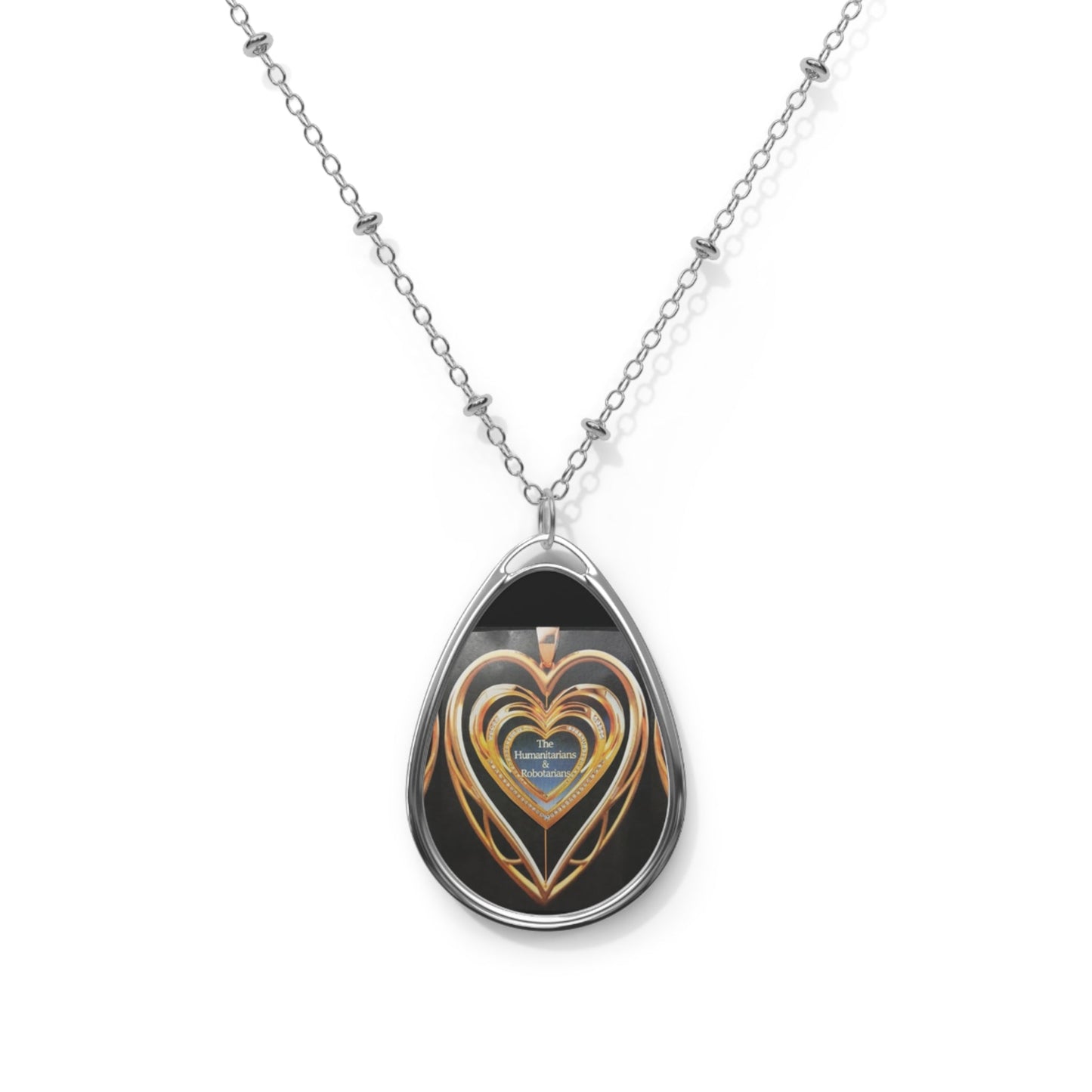 Gold Heart Oval Necklace Pendant  1— Romantic Layered Heart Teardrop Jewelry - The Humanitarians & Robotarians LLC.