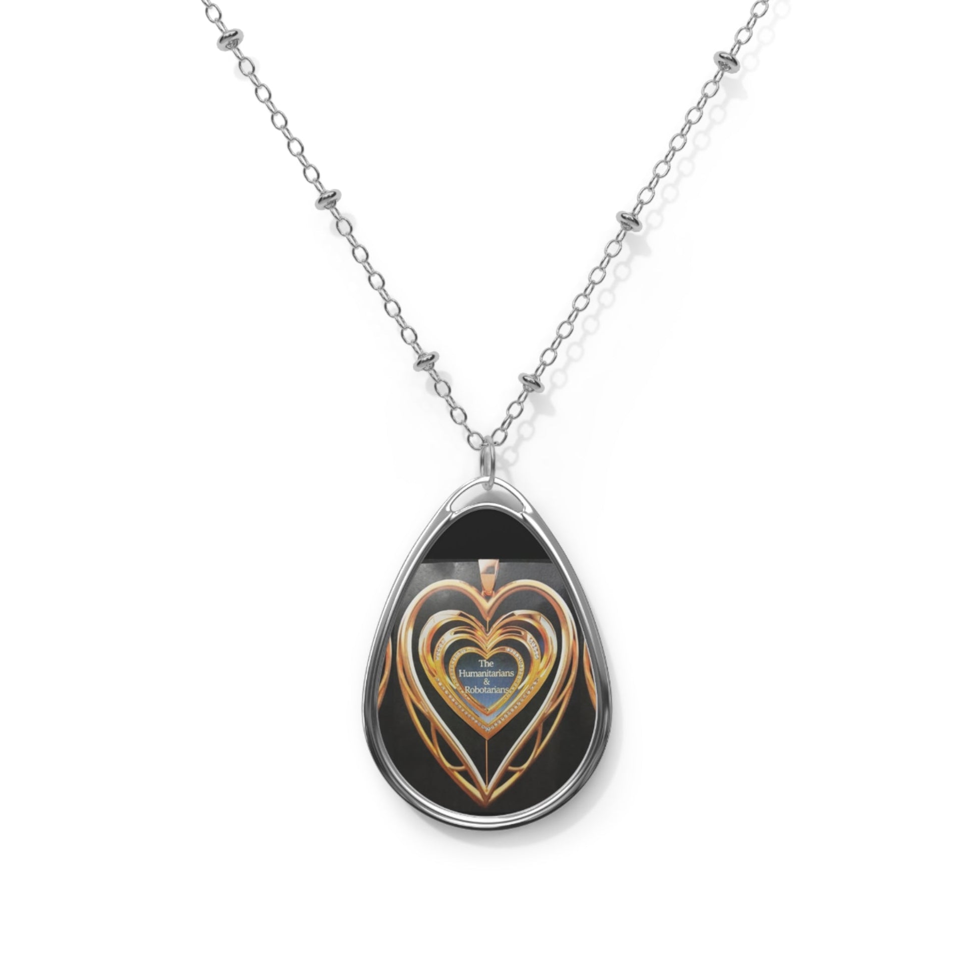 Gold Heart Oval Necklace Pendant  1— Romantic Layered Heart Teardrop Jewelry - The Humanitarians & Robotarians LLC.