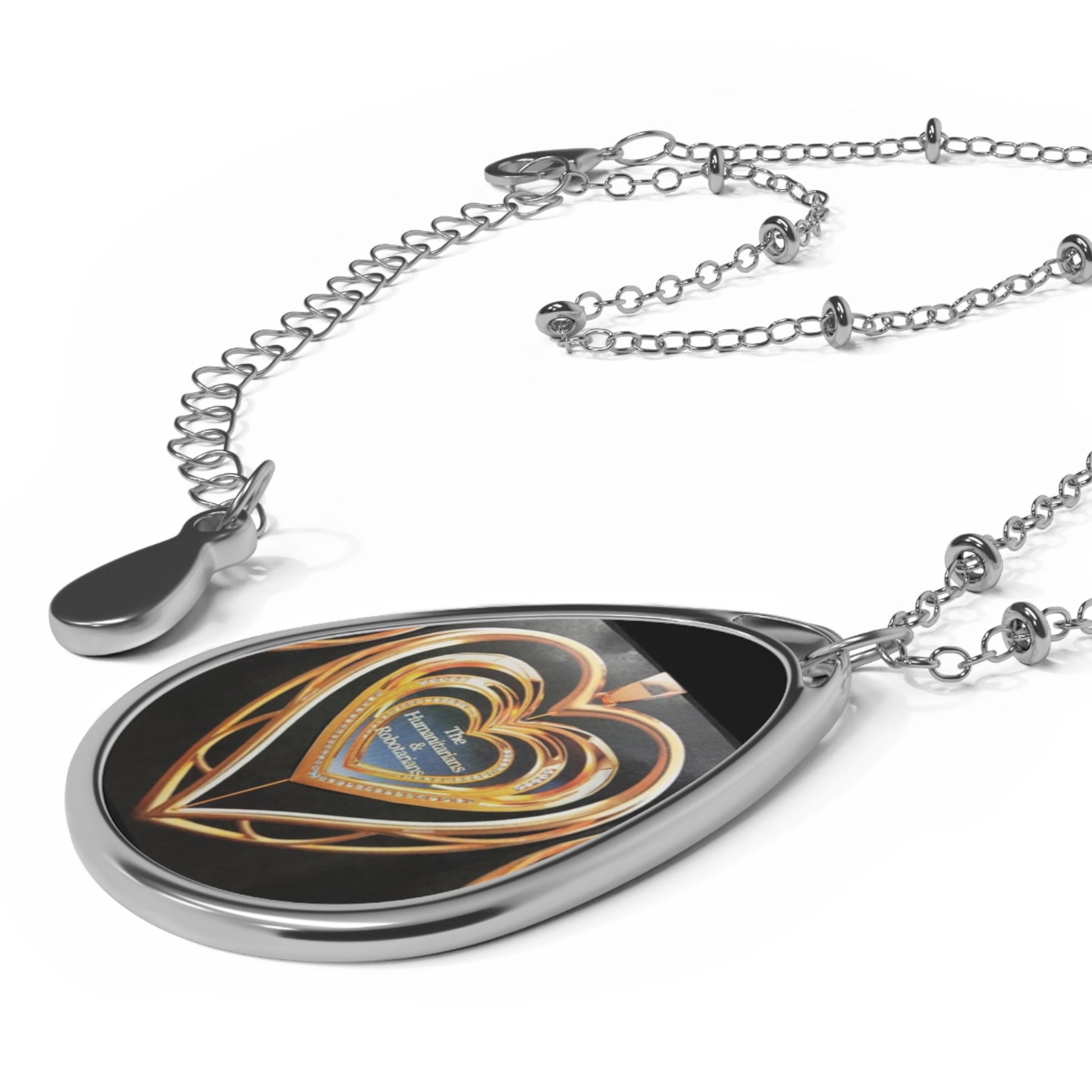 Gold Heart Oval Necklace Pendant  1— Romantic Layered Heart Teardrop Jewelry - The Humanitarians & Robotarians LLC.