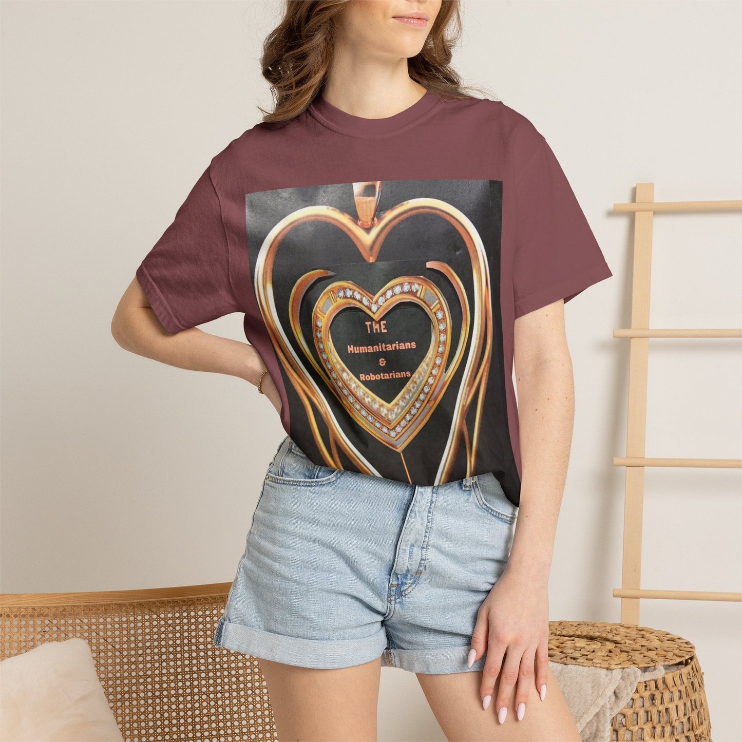 Heart Pendant Photo T-Shirt — Golden Heart Necklace Graphic Tee - The Humanitarians & Robotarians LLC.