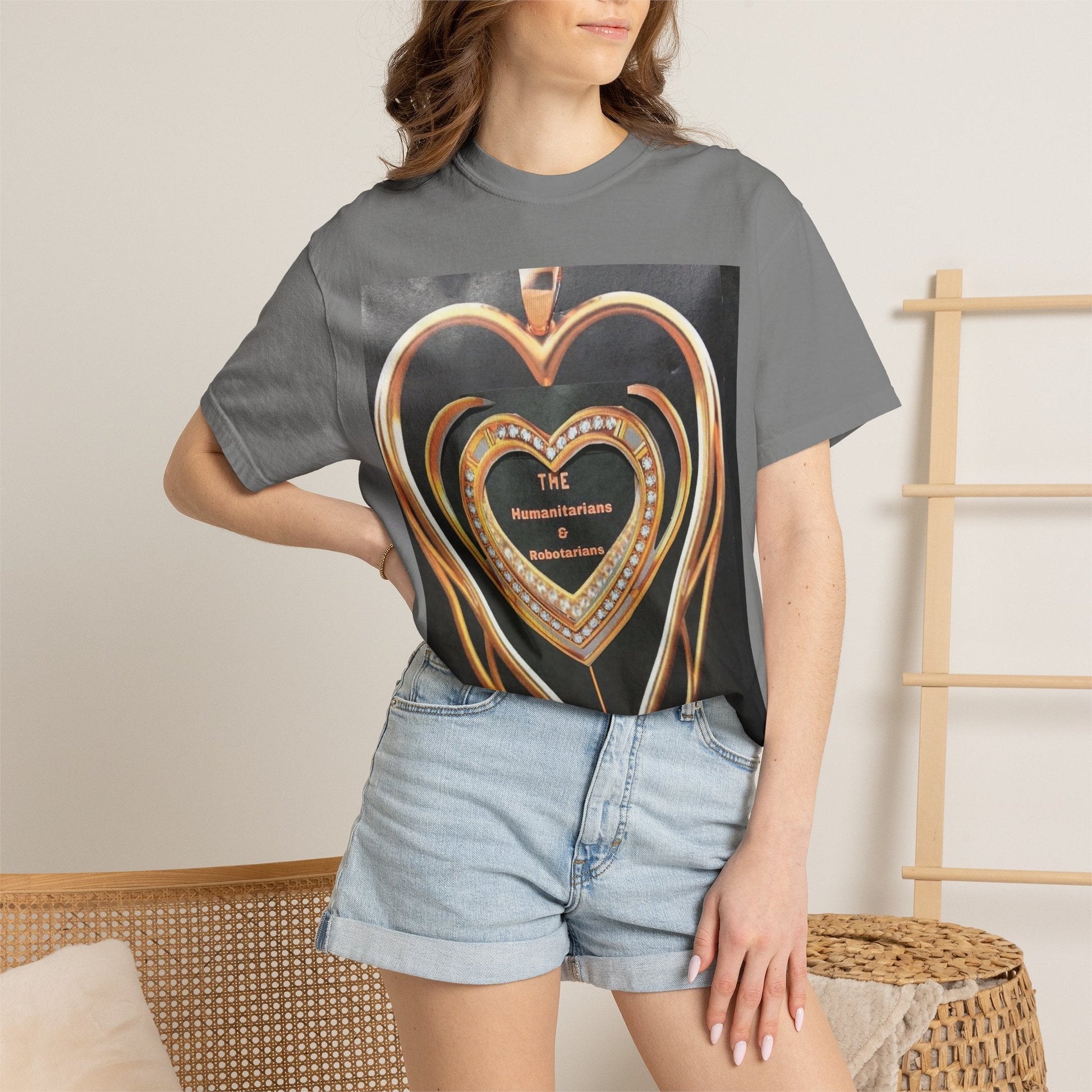 Heart Pendant Photo T-Shirt — Golden Heart Necklace Graphic Tee - The Humanitarians & Robotarians LLC.