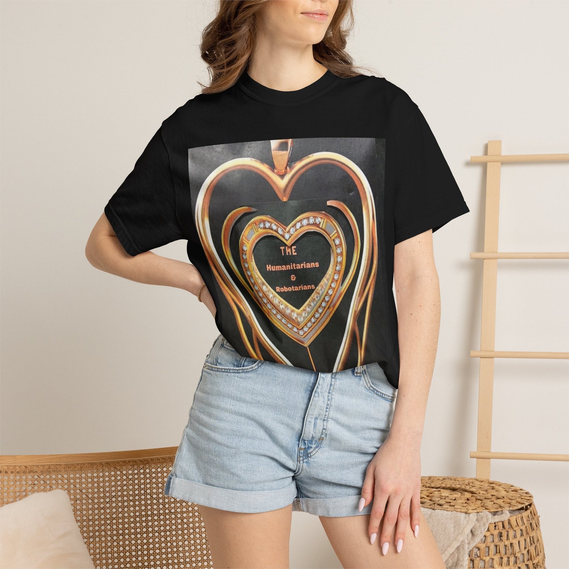 Heart Pendant Photo T-Shirt — Golden Heart Necklace Graphic Tee - The Humanitarians & Robotarians LLC.