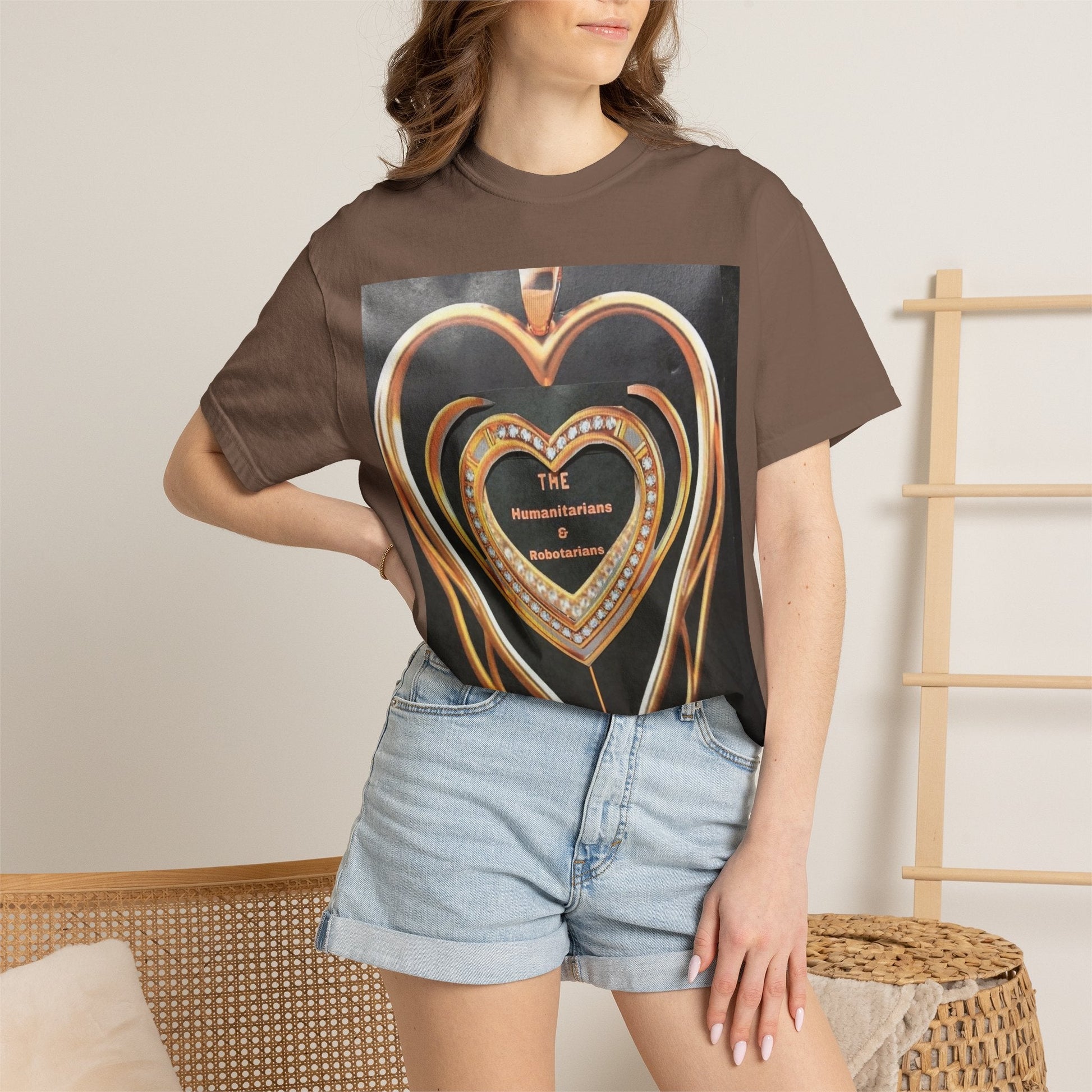 Heart Pendant Photo T-Shirt — Golden Heart Necklace Graphic Tee - The Humanitarians & Robotarians LLC.