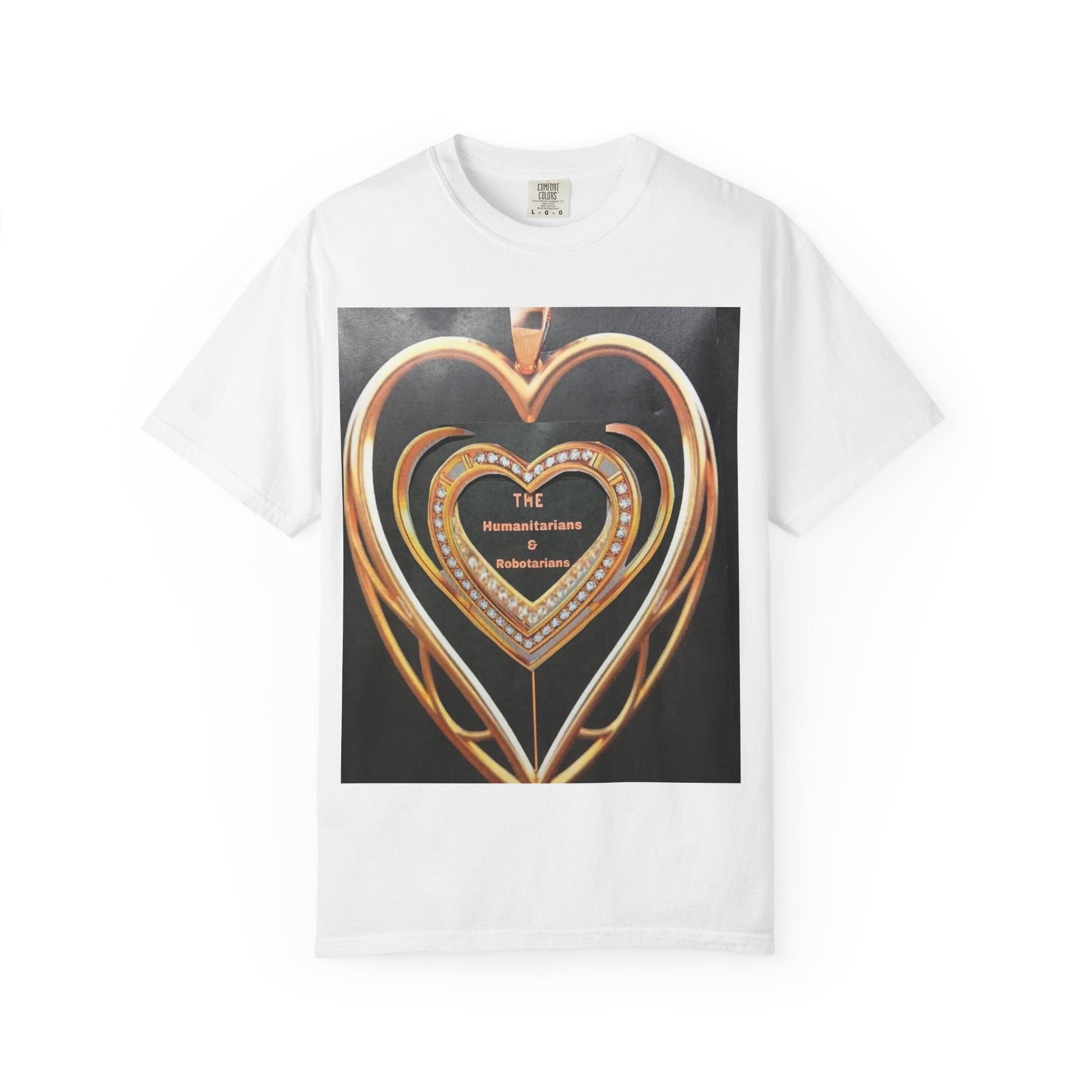 Heart Pendant Photo T-Shirt — Golden Heart Necklace Graphic Tee - The Humanitarians & Robotarians LLC.