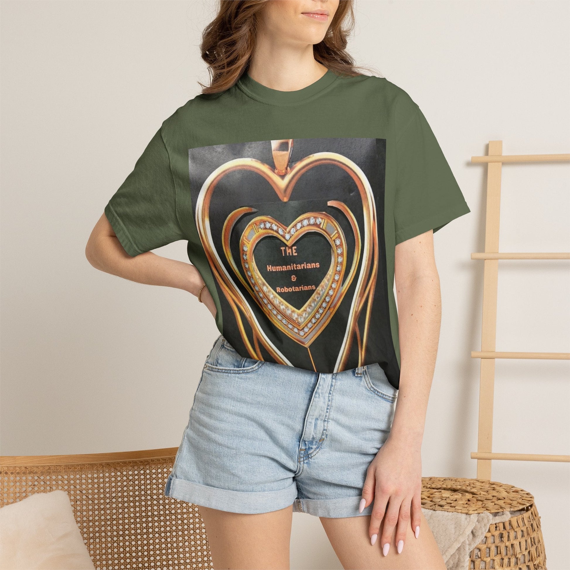 Heart Pendant Photo T-Shirt — Golden Heart Necklace Graphic Tee - The Humanitarians & Robotarians LLC.