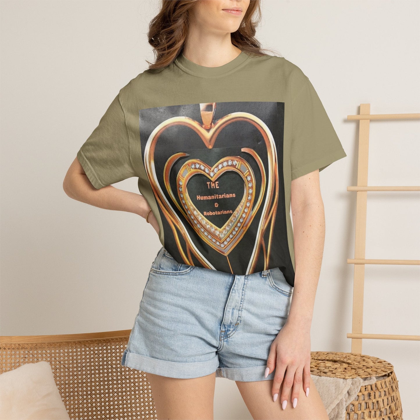 Heart Pendant Photo T-Shirt — Golden Heart Necklace Graphic Tee - The Humanitarians & Robotarians LLC.