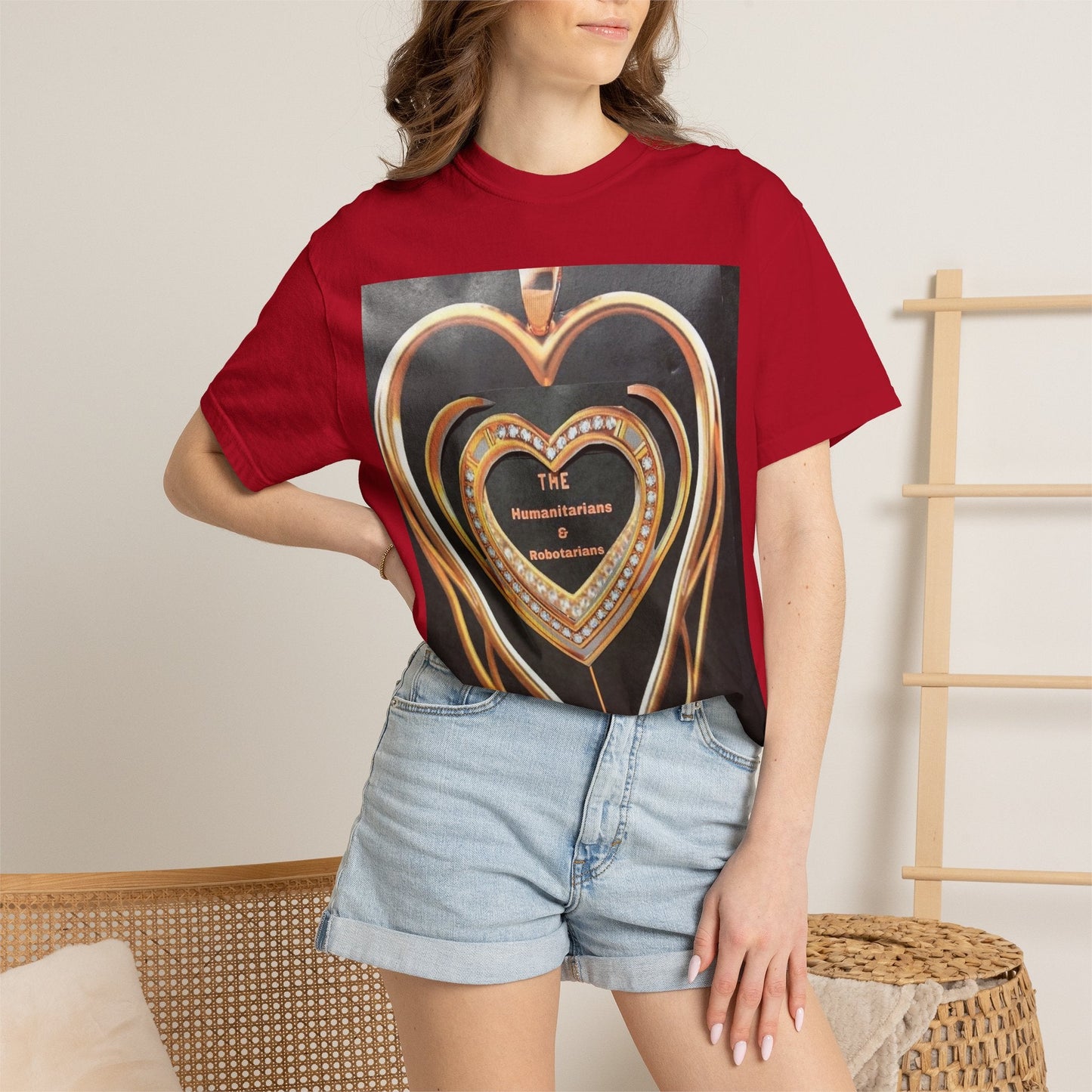 Heart Pendant Photo T-Shirt — Golden Heart Necklace Graphic Tee - The Humanitarians & Robotarians LLC.