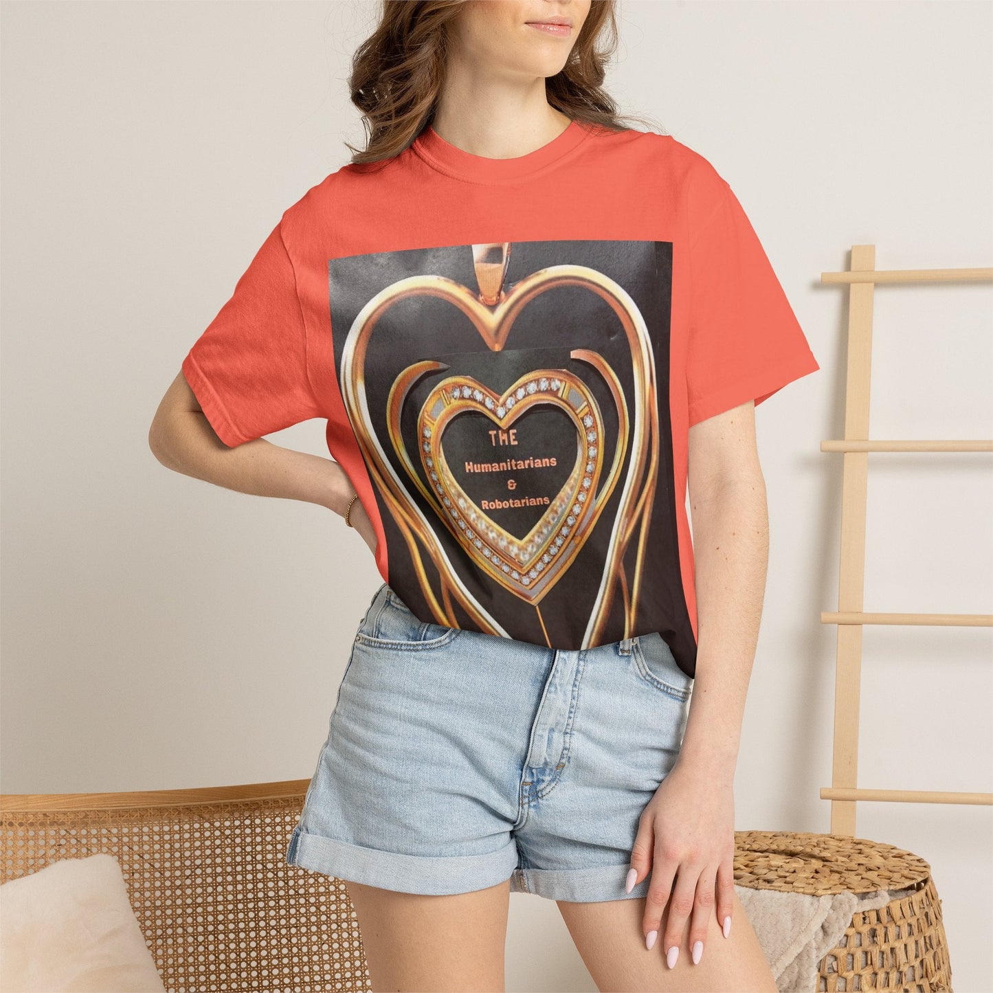 Heart Pendant Photo T-Shirt — Golden Heart Necklace Graphic Tee - The Humanitarians & Robotarians LLC.