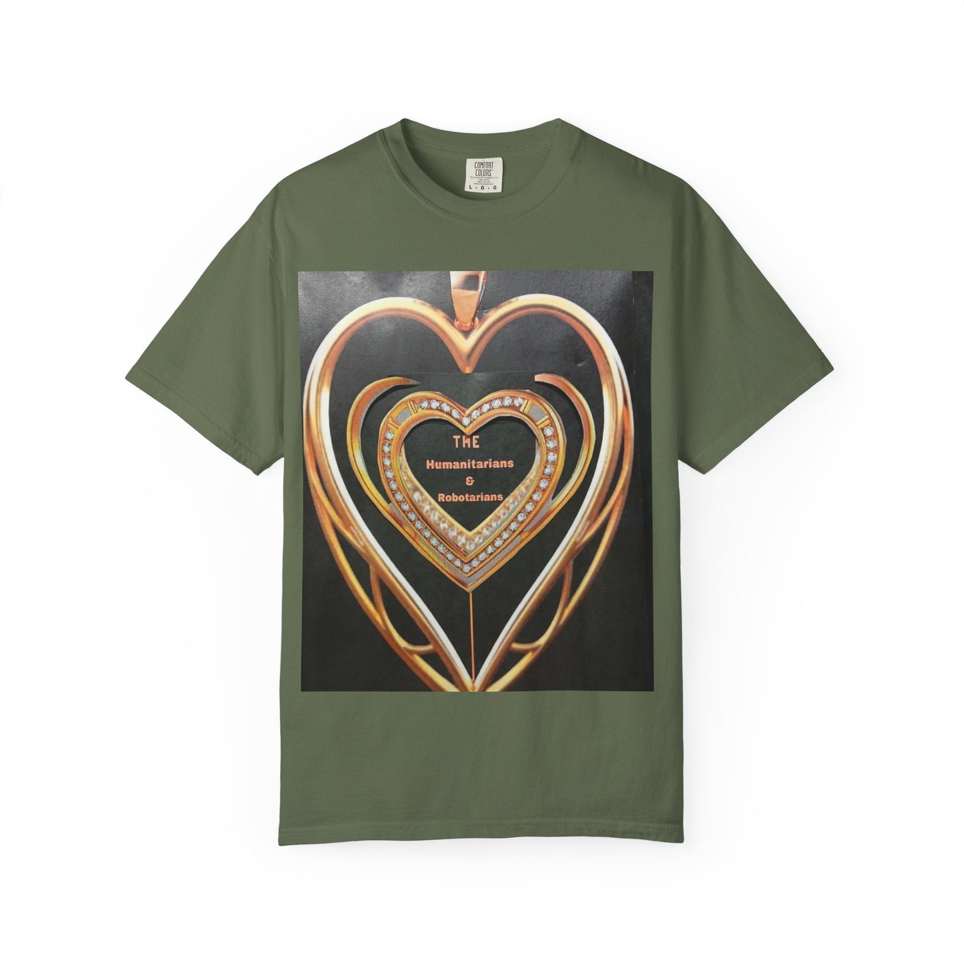 Heart Pendant Photo T-Shirt — Golden Heart Necklace Graphic Tee - The Humanitarians & Robotarians LLC.