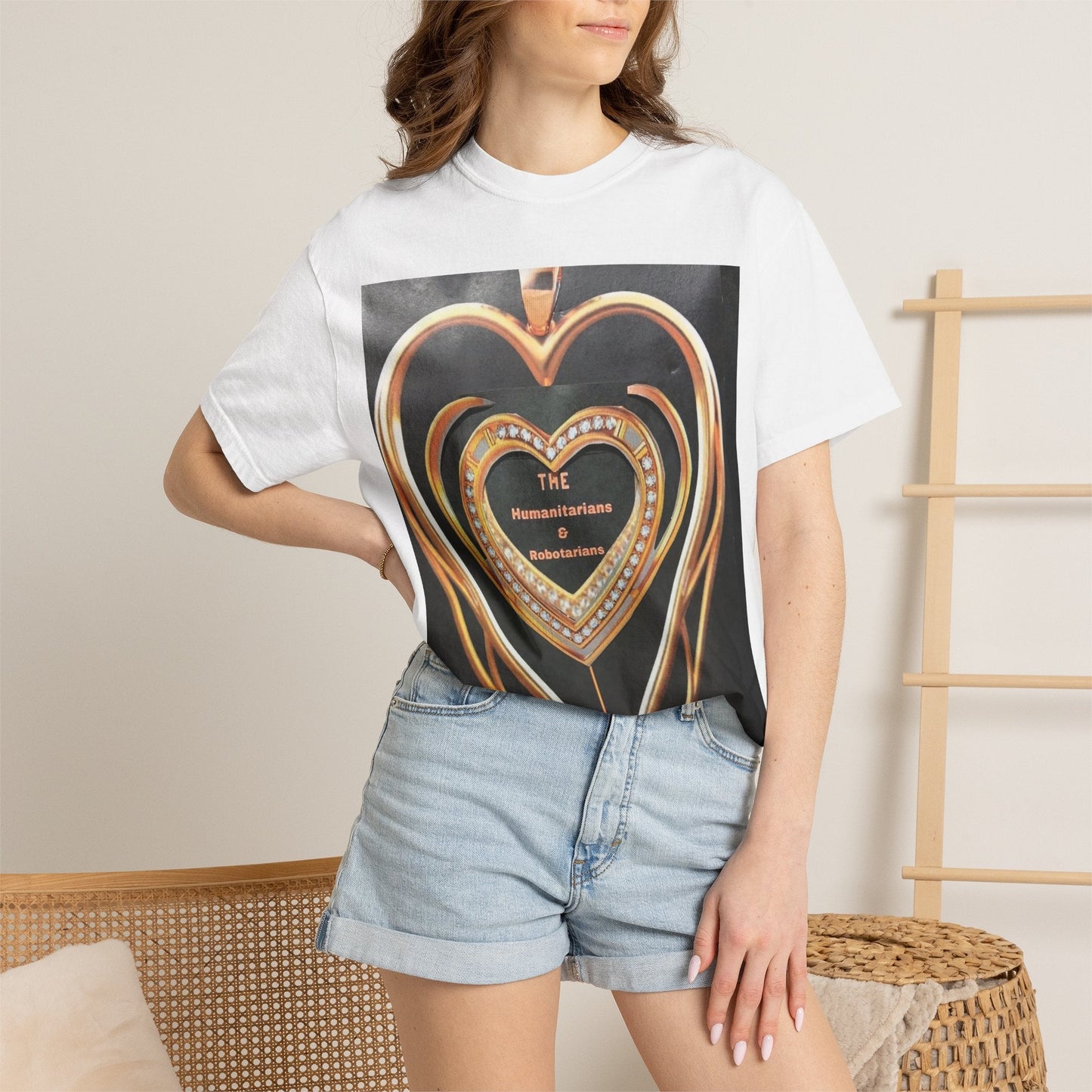 Heart Pendant Photo T-Shirt — Golden Heart Necklace Graphic Tee - The Humanitarians & Robotarians LLC.