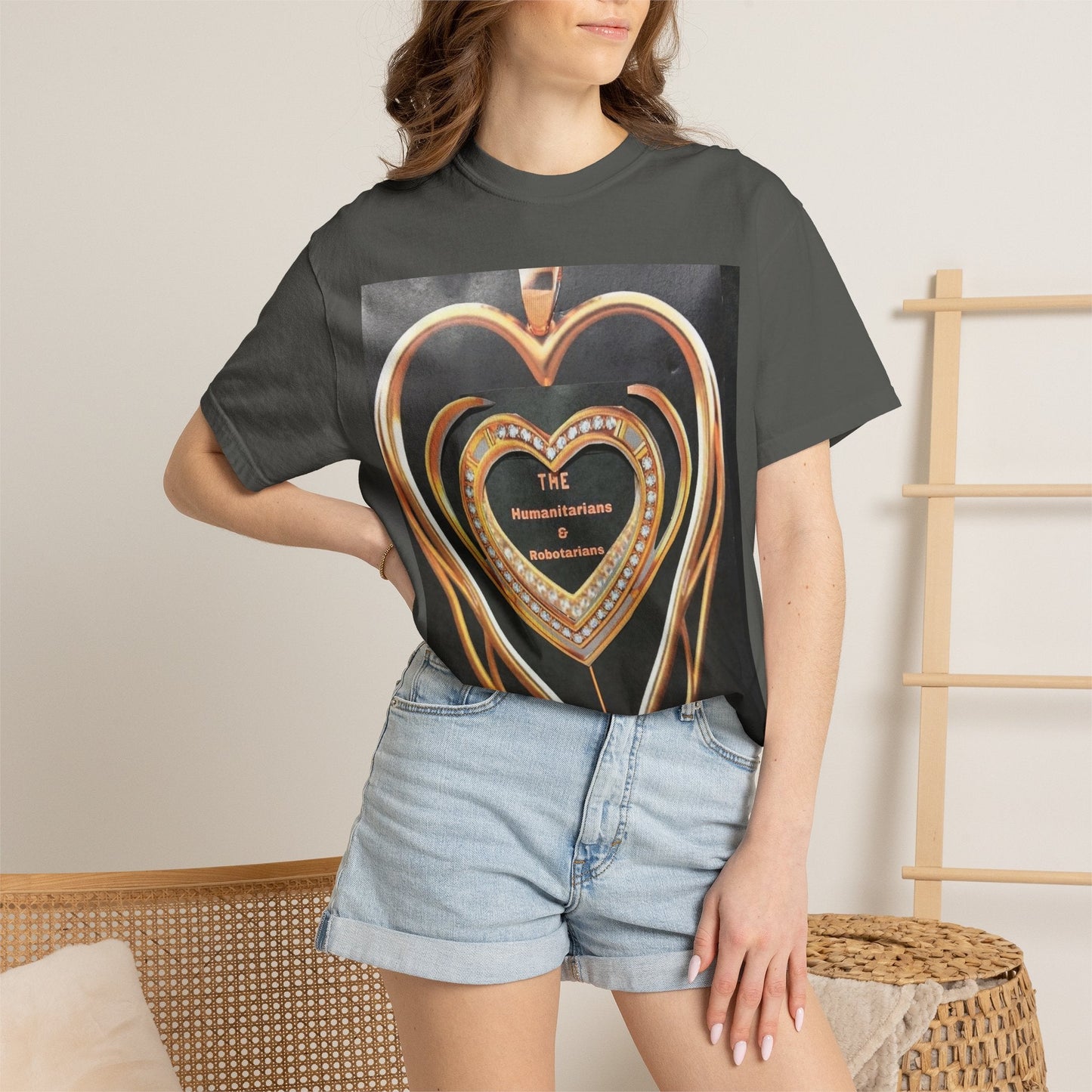 Heart Pendant Photo T-Shirt — Golden Heart Necklace Graphic Tee - The Humanitarians & Robotarians LLC.