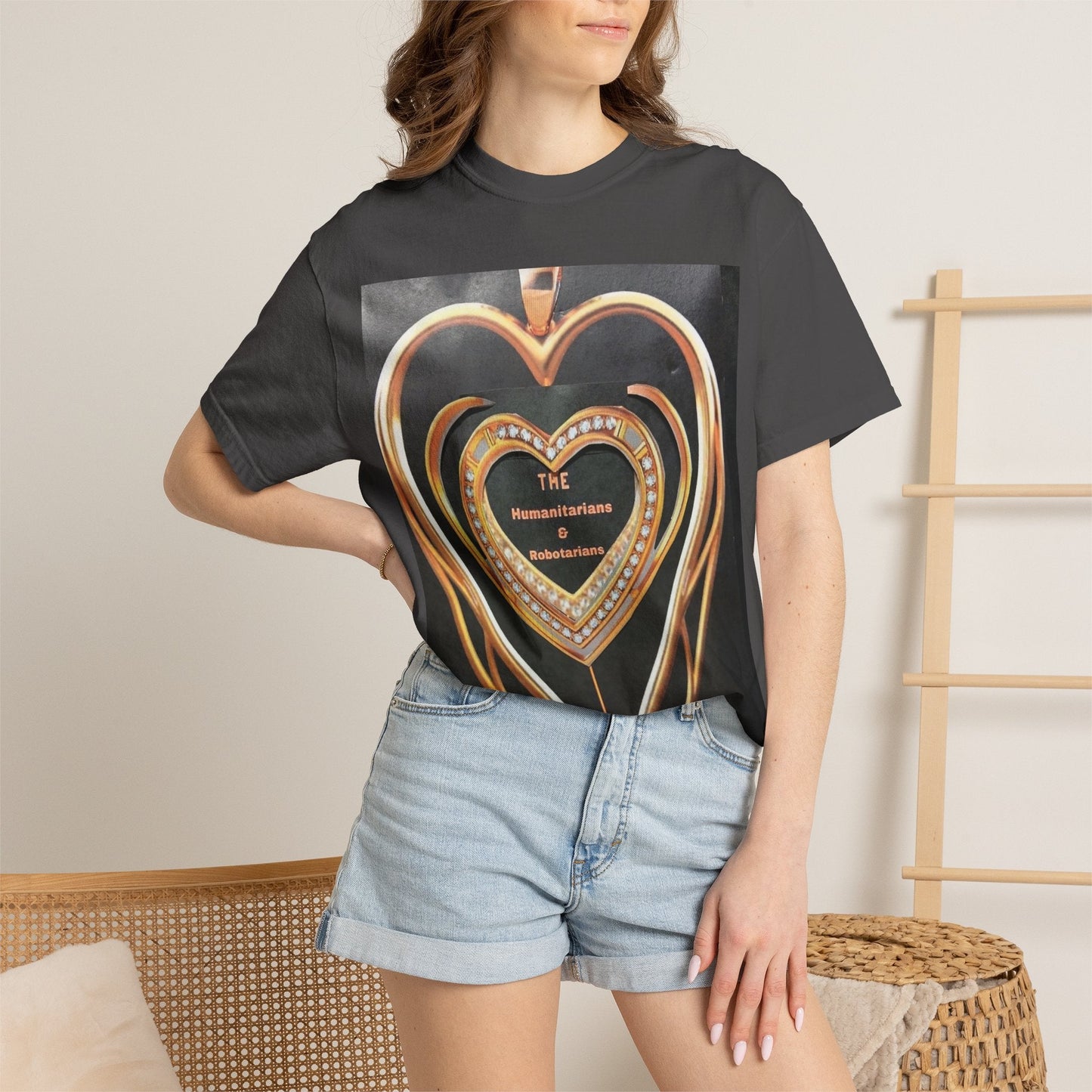 Heart Pendant Photo T-Shirt — Golden Heart Necklace Graphic Tee - The Humanitarians & Robotarians LLC.