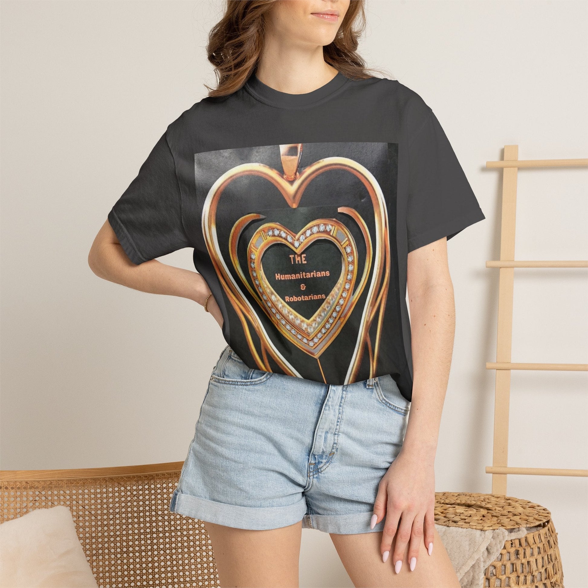 Heart Pendant Photo T-Shirt — Golden Heart Necklace Graphic Tee - The Humanitarians & Robotarians LLC.